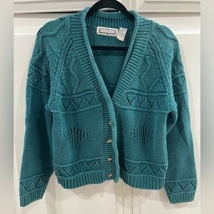 VTG- Mixed blues knit cardigan button sweater, beautiful color/knit pattern! Med